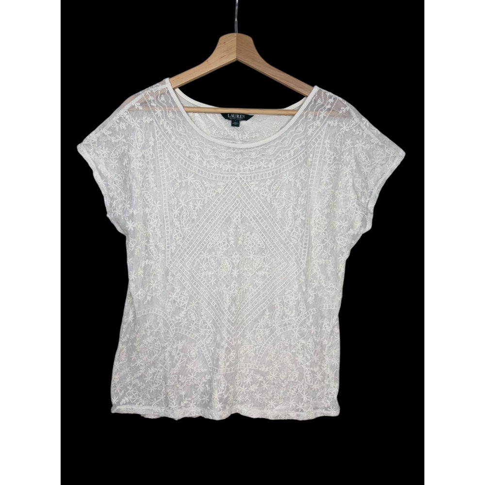 Lauren Ralph Lauren Cream‎ Floral Lace Mesh Short Sleeve Scoop Neck Blouse Large